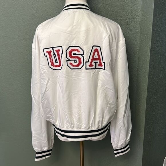 VENUS Womens USA Matte Satin Bomber, White/Navy, size Large, New in bag - Picture 6 of 13